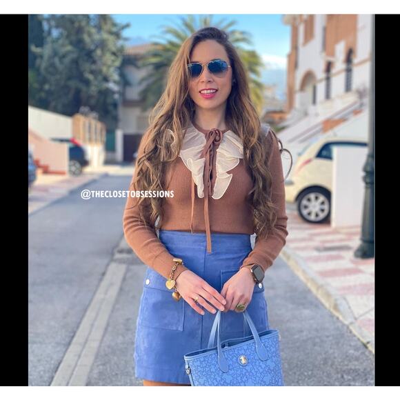 ZARA Knit Top with Ruffle Tie NWT | Brown Long Sleeve Contrast Collar M - Picture 12 of 16